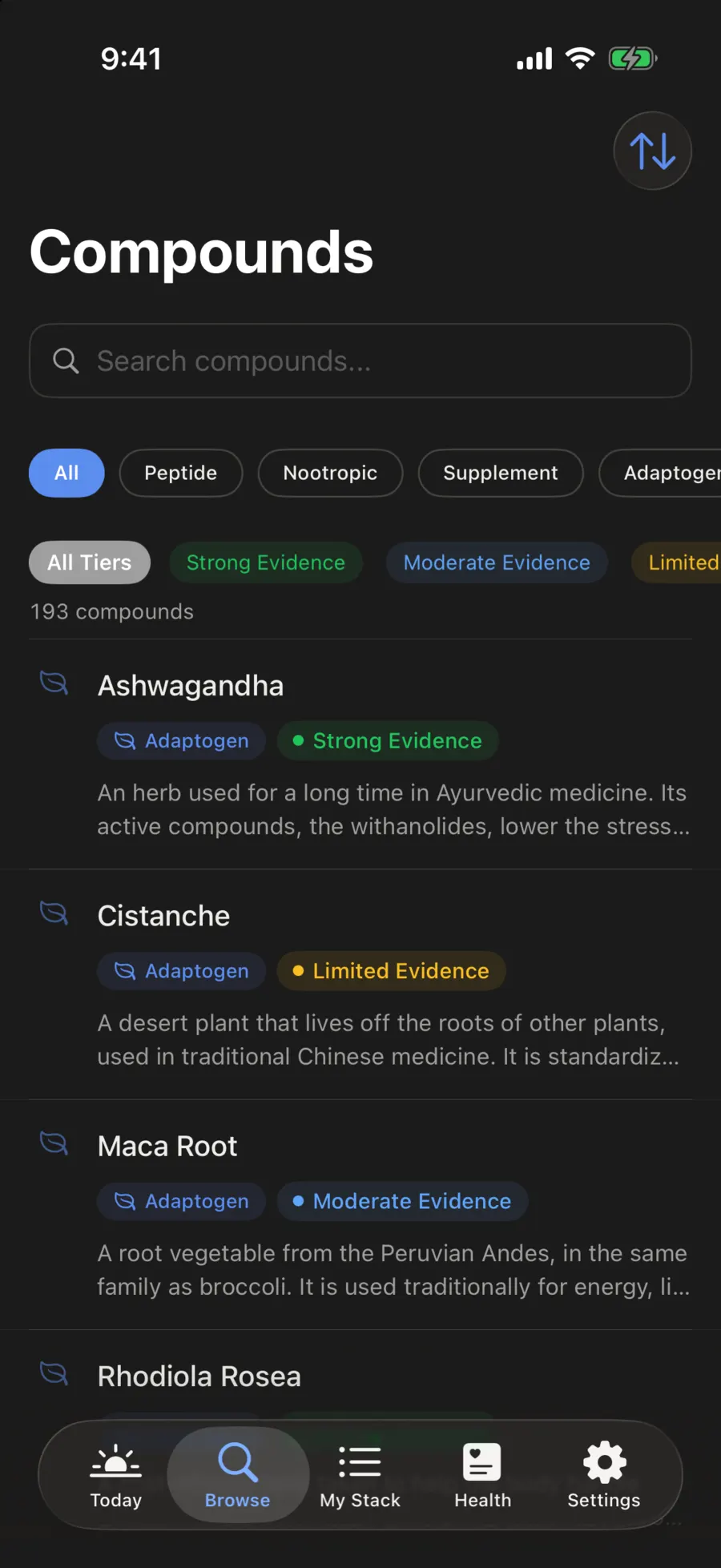 Compounds screen in the app: search, category and evidence tier filters, 193 compounds sorted by category, starting with Ashwagandha, Cistanche and Maca Root
