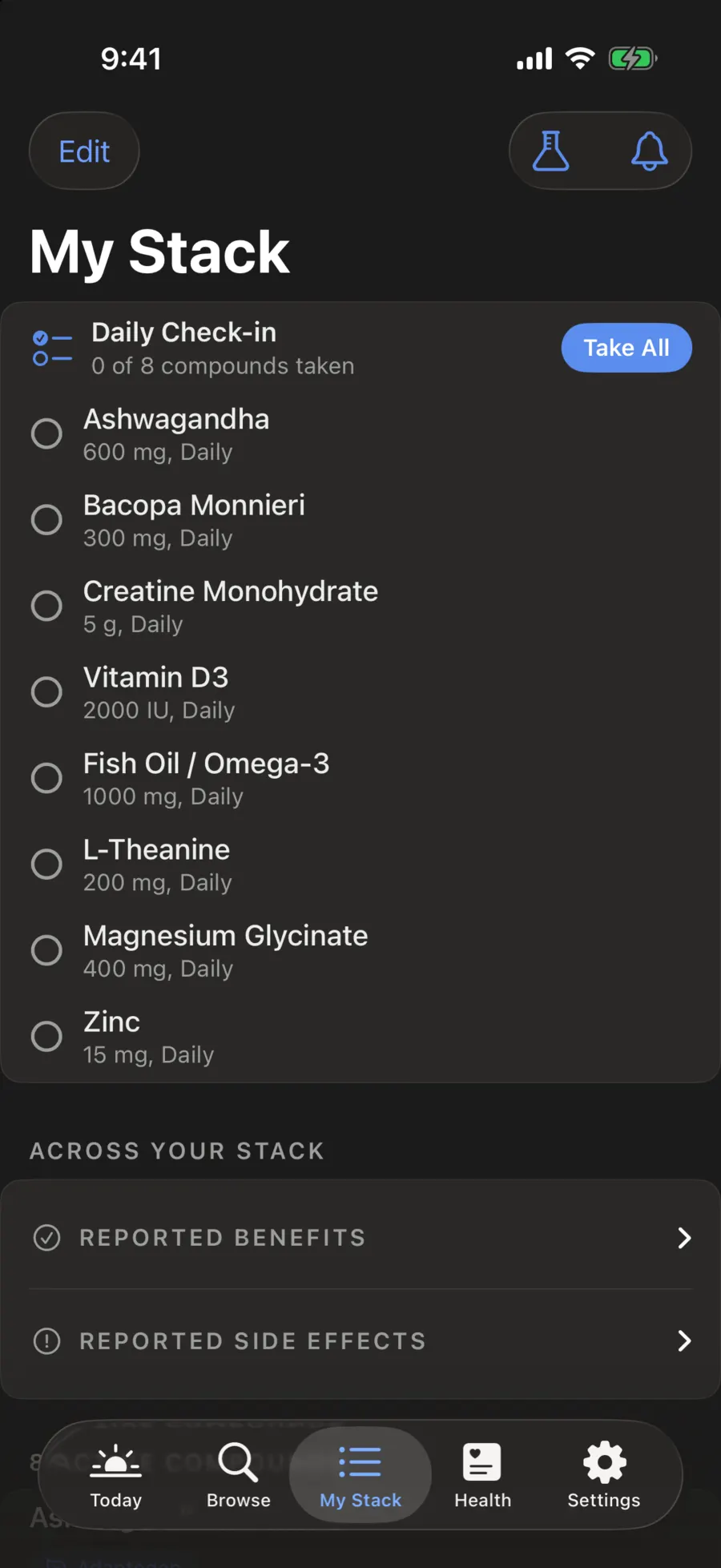 My Stack with a daily check-in for eight common supplements: ashwagandha, bacopa, creatine, vitamin D3, fish oil, L-theanine, magnesium glycinate and zinc
